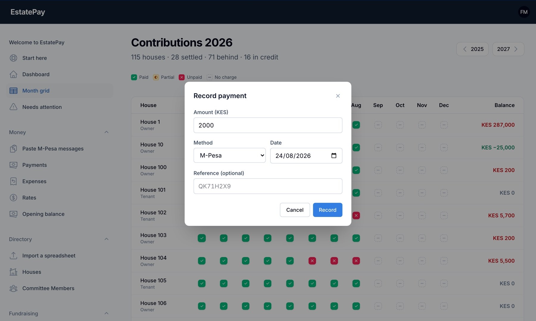 A Record payment dialog over the grid, with amount, method, date and an optional reference field.