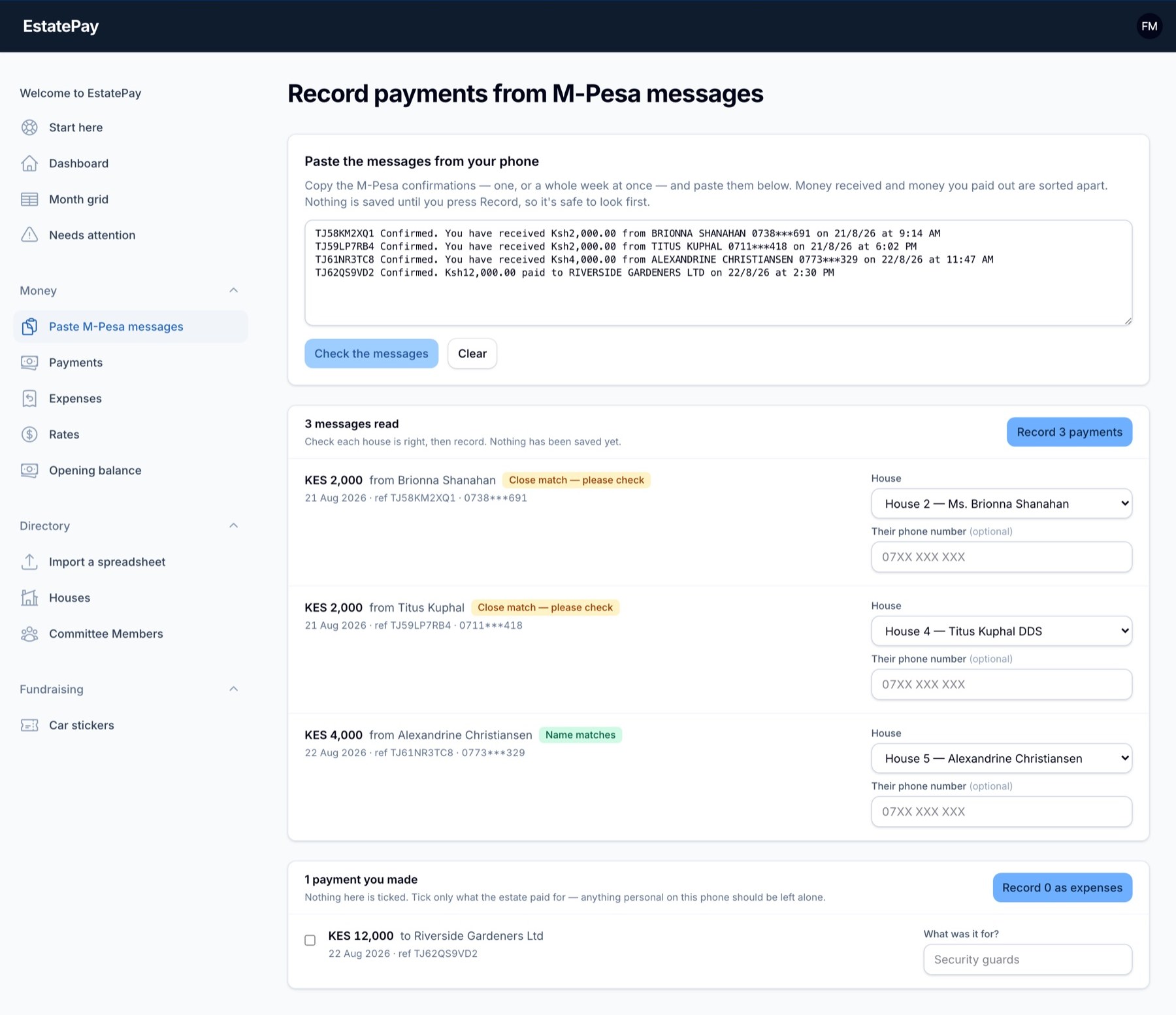 Four pasted M-Pesa messages parsed into three received payments matched to houses, each with a confidence badge, and one outgoing payment listed separately as a possible expense.