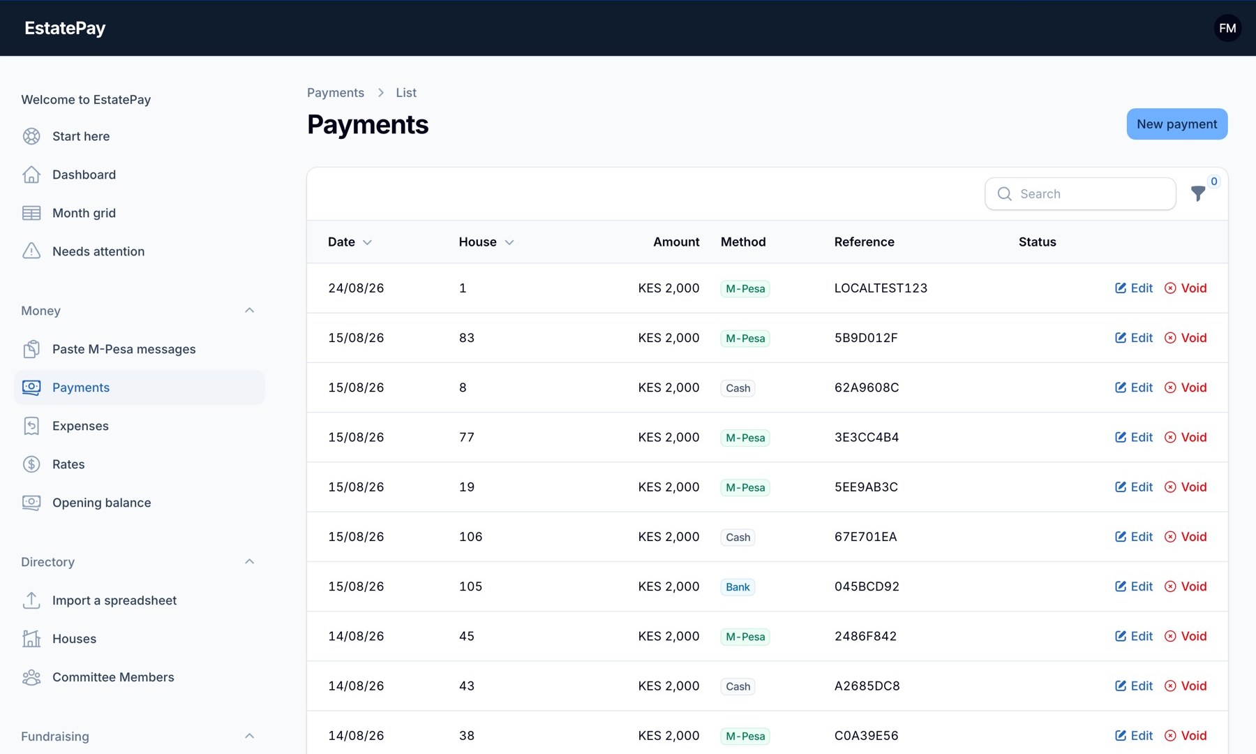 The payments list, one row per payment showing date, house number, amount, method, reference and edit or void actions.