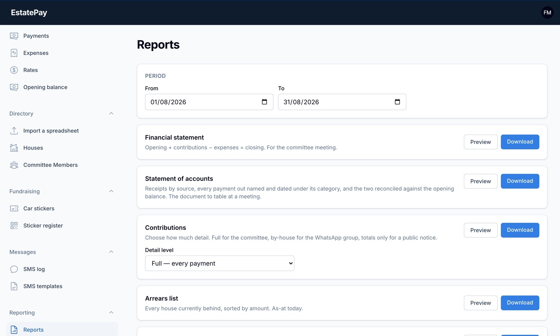 The reports screen: a date period, then financial statement, statement of accounts, contributions with a detail-level selector, and an arrears list, each with preview and download.